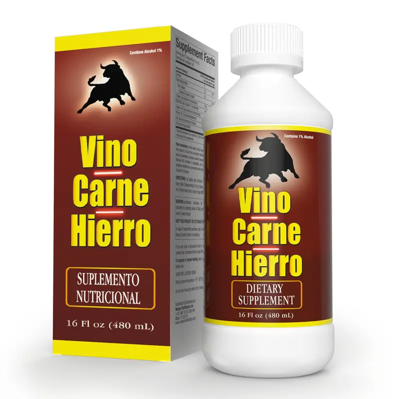 VINO CARNE HIERRO Suplemento Liquido de Hierro con Vitamina B12 para Energia | Liquid Iron Supplement for Adults | 1 Frasco de 16 Fl Oz