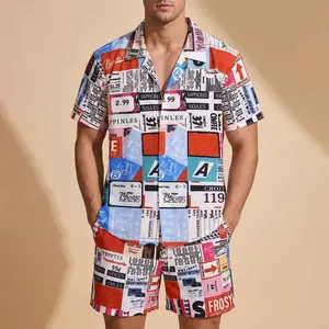 Statement Resort Mens Graphic Collage Print 2 Piece Outfit Loose Fit Drawstring Shorts Set for Vacation Wear and Street Style