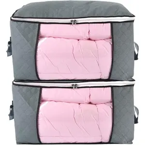 Comforter Storage Bag,  Zippered Bag with Large Clear Window and Carry Handles, Space Saver Organizers for Closet, Blanket, Pillow, Quilt, Bedding, Clothes (2Pcs Grey Large)