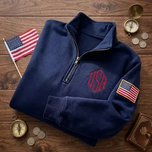 Patriotic USA Quarter Zip Sweatshirt with Embroidered Monogram & Flag Patch, Classic Navy Pullover Casual Wear, 4th of July Hoodie