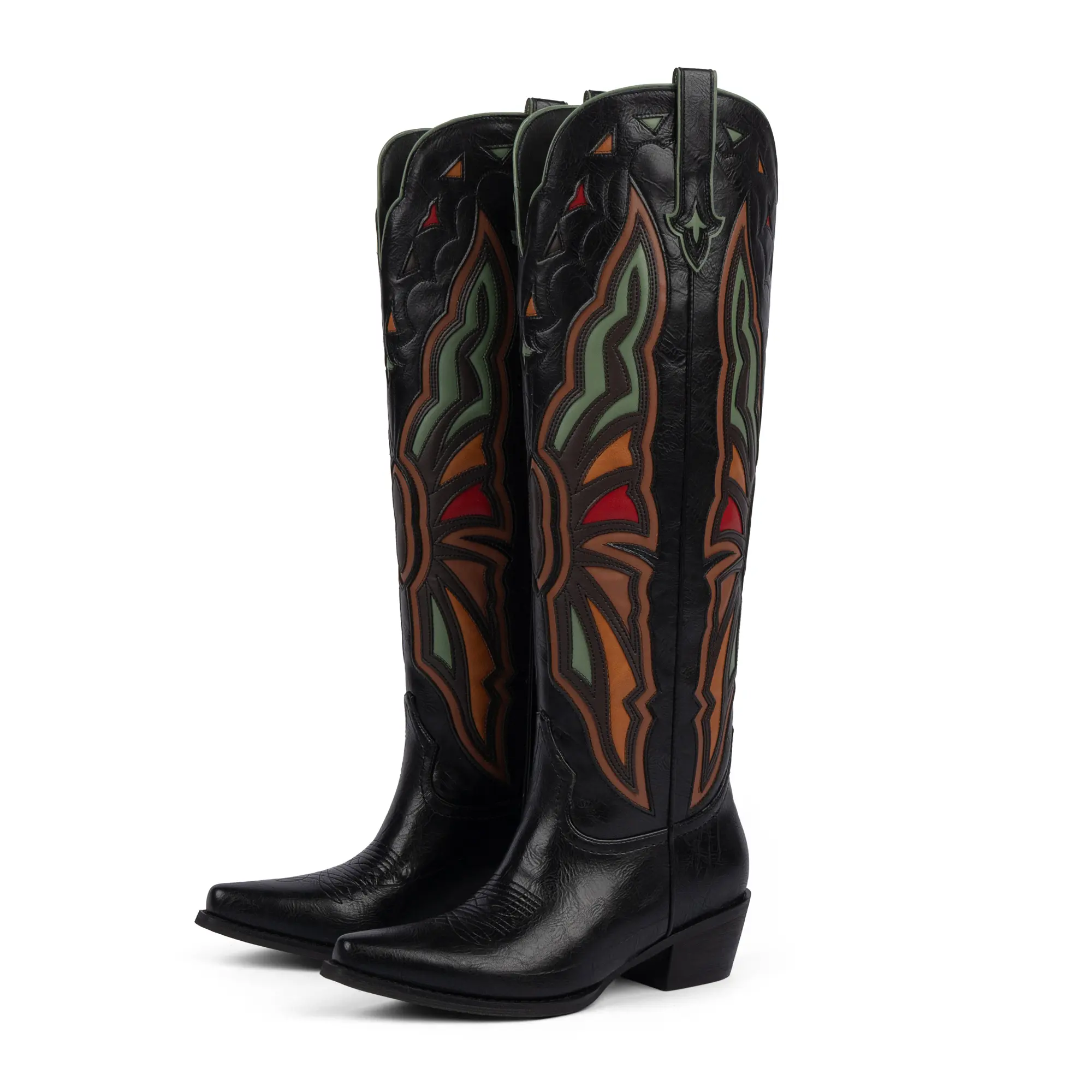 [Modatope]Cowboy Boots for Women Knee High Chunky Heel Butterfly Cowgirl Boots Wide Calf Pointed Toe Chunky Heel Fashion Western Boot
