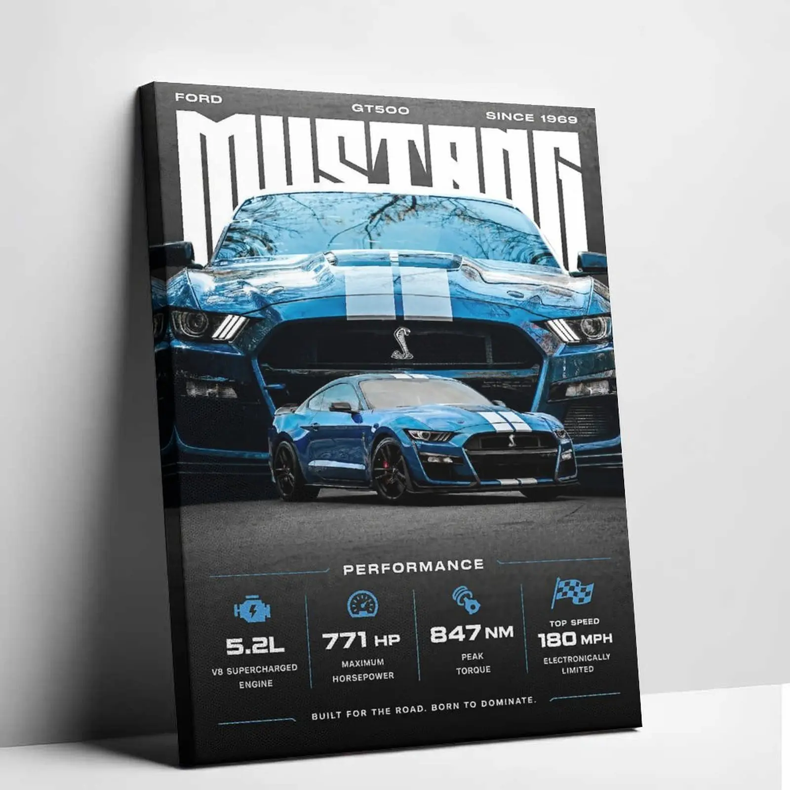 Car Poster GT500 Inspired Canvas Painting Racing Cobra Performance Poster Luxury Automotive History Technical Specification Sheet Graphics Print Home Office Studio Lounge Wall Hanging