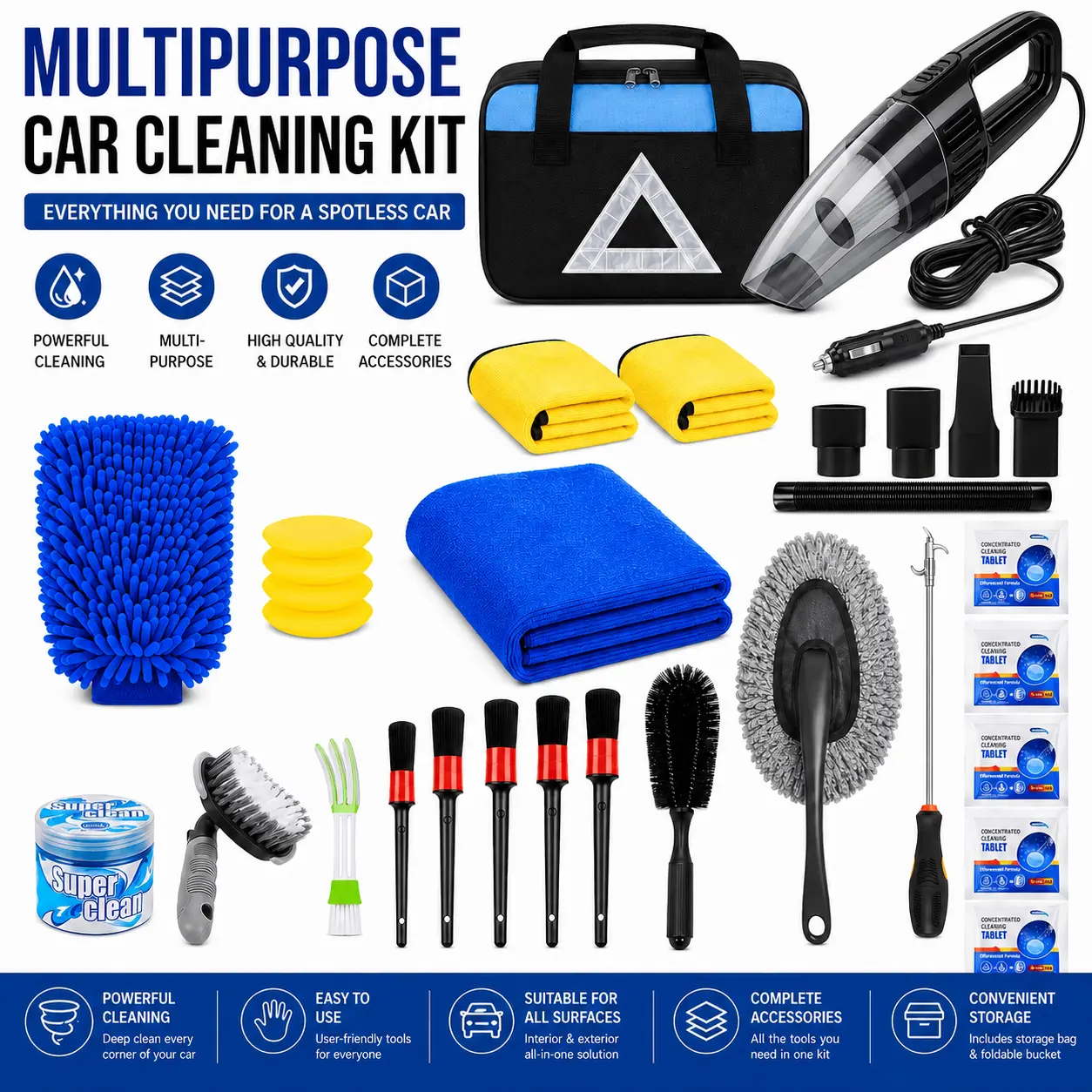 Car Interior Cleaning Kit with Portable Vacuum, Hose Nozzles, Towels, Wash Mitt, Interior Brushes & Cleaning Gel for Automotive Washing & Maintenance