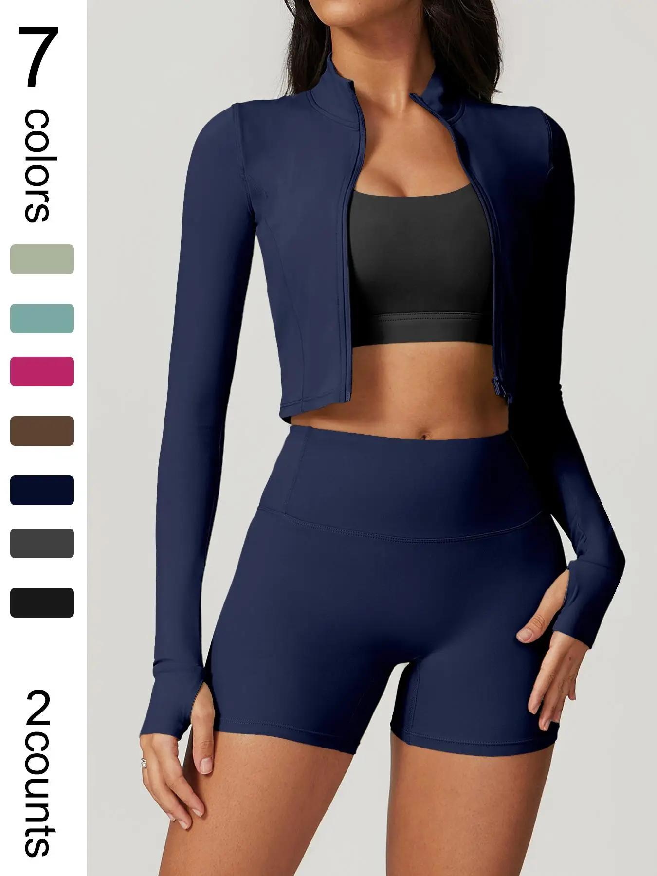 Women's Solid Thumb Hole Zip Up Crop Jacket & High Waist Biker Shorts Tracksuit Set, Streetwear, Sporty Breathable Comfy Athletic Outfits for Gym Work