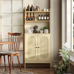 FUFU&GAGA 64.8" Tall Kitchen Pantry Cabinet with 2 Rattan Doors & Shelves, Microwave Stand, Pantry Storage Cabinet with Buffet Cupboard for Kitchen, Dinningroom Oak, 27.6”W x