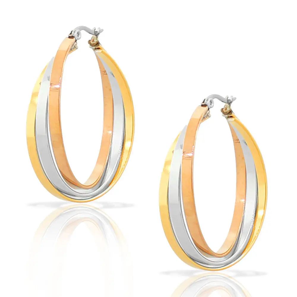 My Daily Styles Women's 3-Tones Highly Polished Stainless Steel Hoop Earrings - 3-Piece Multi-Bangle Design, Adjustable Fit, Secure Snap-Down Clasps, 0.50in Diameter, Classic Elegant Versatile Costume Jewelry Accessory, Three-Tones