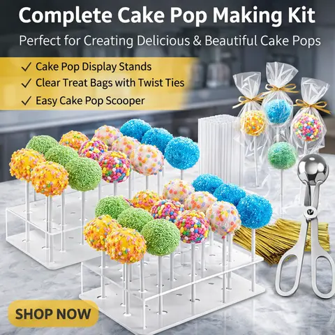 2-in-1 Acrylic Pastry Decorative Kit - PVC Cake Pop Supplies with Mold, Stand, 100 Lollipop Bags, Sticks, Stainless Steel Ties for Bridal Showers, Parties, DIY Enthusiasts to Bake & Display Desserts