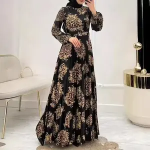 Floral Print High-Waist Maxi Dress, Long Sleeves, Round Neck, Ramadan Women’s Clothing, Suitable for Use with Raincoat