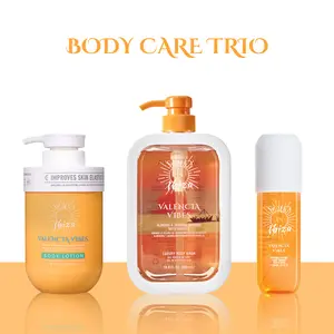SOLO EN IBIZA Valencia Vibes 3-Piece Bath & Body Layering Set, 6.1 fl oz (180ml) Fragrance Mist & 16.9 fl oz (500ml) Lotion & 16.9 fl oz (500ml) Wash, Long-Lasting Pistachio & Salted Caramel Scent