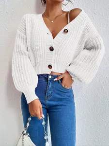 Autumn Winter New Thick Knit Cardigan, Vintage V Neck Single Button Lantern Sleeve Short Top, French Casual Slim Fit Sweater Jacket