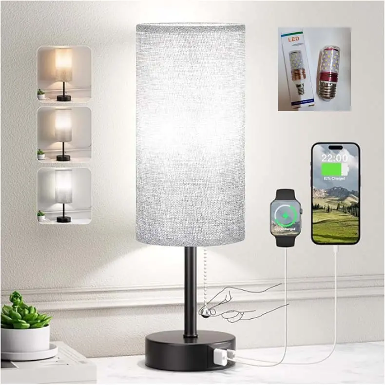 Pull Chain LED Tabletop Desk Lamp, Rechargeable Home Lighting with USB A+C Fast-Charging Ports, Fabric-Accent Indoor Lamp for Bedroom Decoration, Christmas Gift for Adults