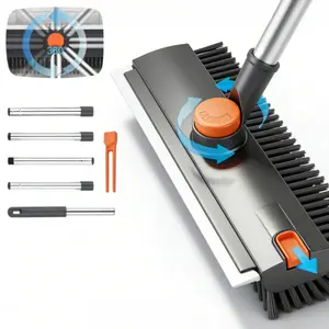 3-in-1 Floor Scrub Brush with Long Handle, Heavy Duty Stiff Bristle Cleaning Brush with Scraper Squeegee, 360° Rotating Head, Bathroom Shower Tile Cleaner, Kitchen Wall Floor Scrubber, Patio Garage Deck Cleaning Tool, Home Cleaning Supplies