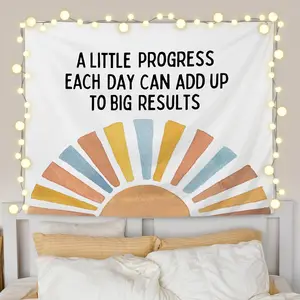 Boho Sun Inspirational Tapestry, Motivational Wall Decor, Positive a Little Progress Each Day Wall Tapestry Backdrop for Kids Room Home Office Classroom Decoration, 50x60 Inch