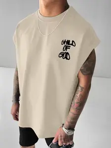 Men's Sleeveless Crew Neck Vest, Trendy Faith Print Tee, Summer Loose Fit Sportswear, Casual Fashion Top, All over Print, Casual Streetwear Tops