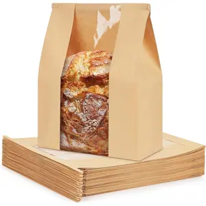 50 Pack Paper Bread Bags for Sourdough, Large Bread Bags with Tabs for Homemade Bread Round Sourdough Loaf Bags for Gifting (8.3x3.5×13 Inches) Grease Resistant