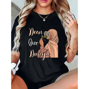 Women's Black T-Shirt | Hijab Woman Flower & "Deen Over Dunya" Graphic | Casual Islamic Daily Wear