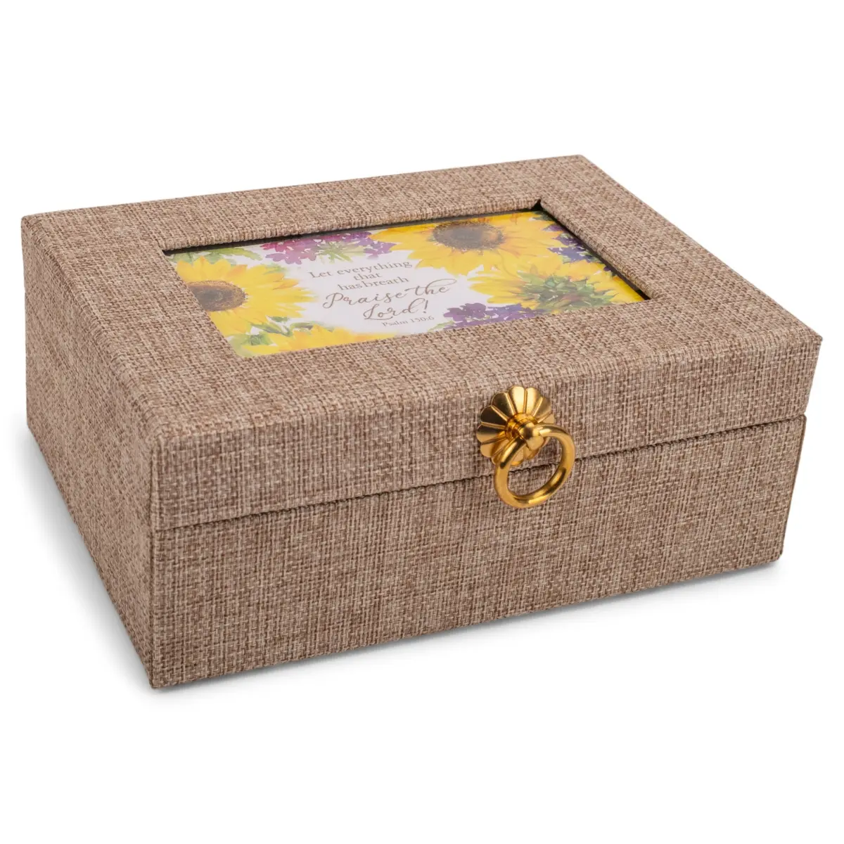 360 Stand Linen Fabric Music Box - Praise The Lord Beige, Floral Decor, Round Design, Jewelry Insert, Praise Gift