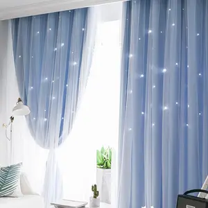 Double Layer Lace Star Cutout Blackout Heat Insulation Noise Reduction Curtain, Suitable for Kids Room Bedroom Living Room Study Floor Window, Thermal Insulated Curtain