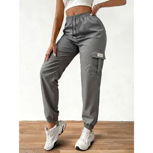Women's Lightweight Cargo Pants - Adjustable Waist, Thin Long Pants with Flap Pockets & Letter Patch, Suitable for Travel & Outdoor Activities - Solid Color Casual Pants (For Spring, Summer & Autumn)