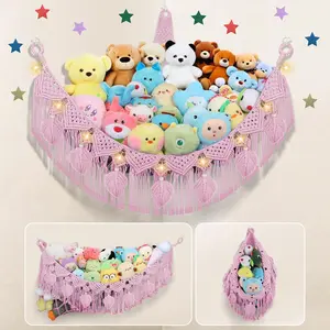 Animal Hammock Corner, 56'' Large Animal Net Organizer for Teddy Plush Nursery Decor, Boho Leaf Toy Holder, Light Pink Toy Net w/ LED Star Light for Kid Girl Gift