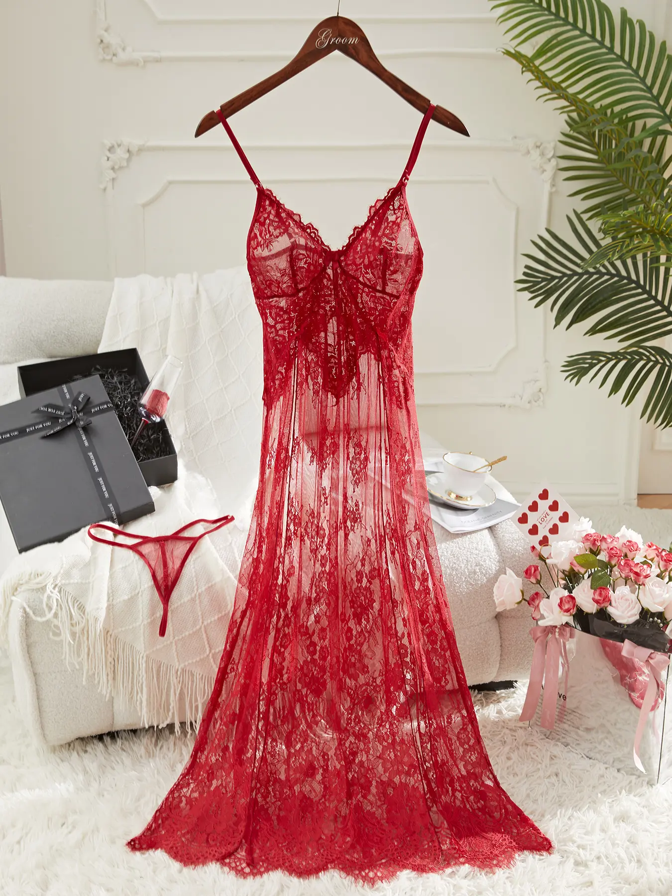 Women's lace glamorous pajama set with halter maxi skirt and panties.Deep V-neck design, all over is delicate lace pattern, the material is light and see-through, the overall style is seductive and flirtatious Elegant Nightwear Loungewear