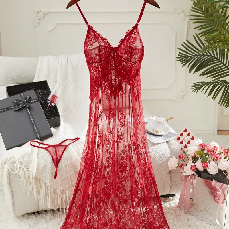 Women's 2-Piece Floral Lace Bridal Nightwear Set - Deep V-Neck Halter Sleeveless Backless Blouse, Adjustable Strap Belt Slit Maxi Dress, Panties, Light See-Through Nightdresses for Wedding Night, Photography