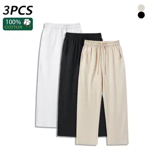 3-Pack Wide-Leg Linen Pants for Men, Breathable Cotton Casual Drawstring Summer Pants