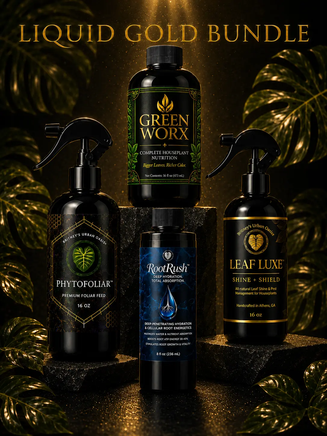 Liquid Gold Bundle | GreenWorx + PhytoFoliar + Leaf Luxe + RootRush | Complete Plant Care System