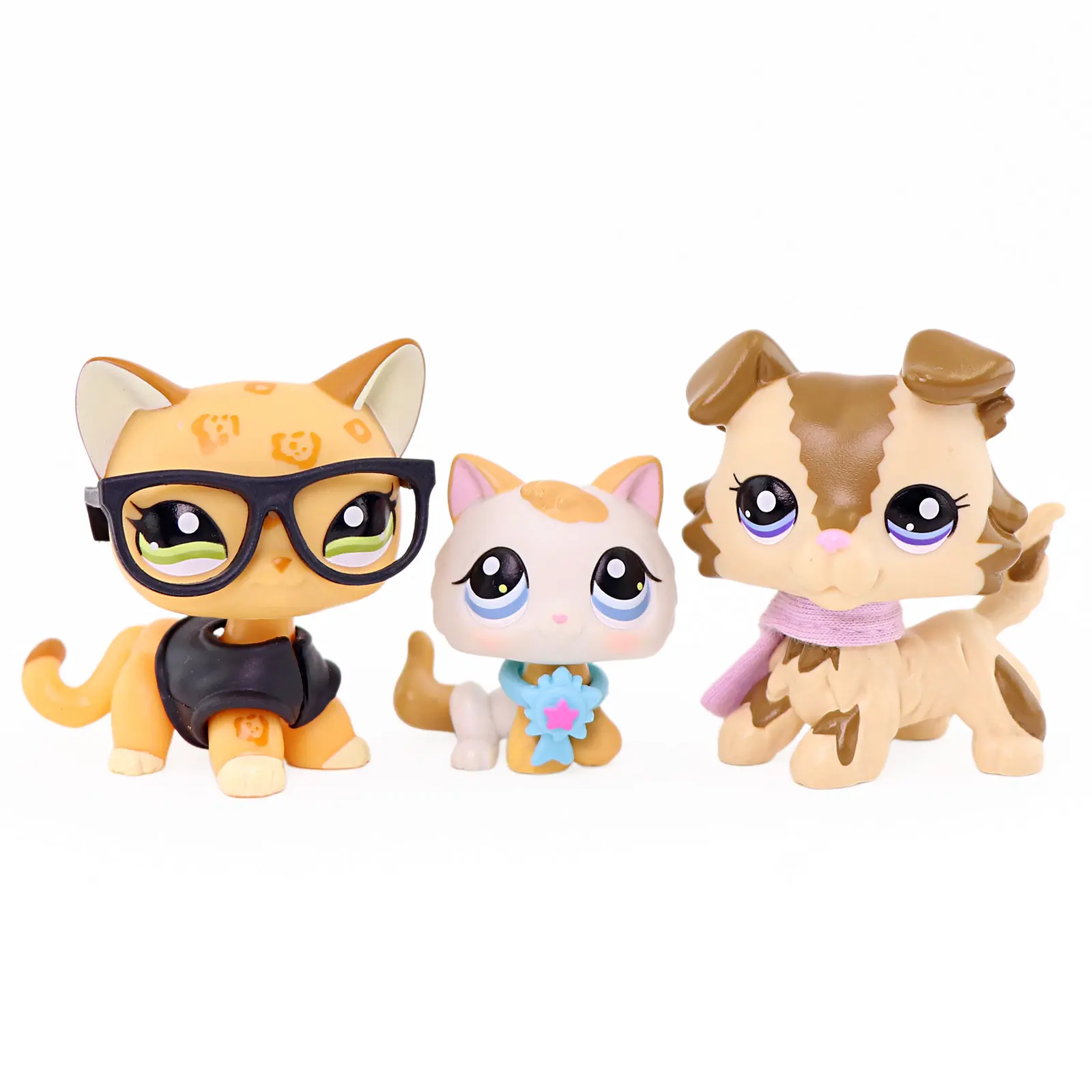 3 Pcs Cartoon Mini Pet Figurines Set - Spotted Cat, Award Kitten & Collie Puppy with Glasses, Vest, Medal & Scarf Accessories, Smooth Hand-Painted Collectible Statues, Star Christmas Table Gift for Kids Birthday Party Favor, Plastic