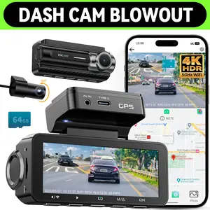 【FocuWay D2 Duo】Dash Cam Front Rear 4K Resolution Built-in GPS 5GHz WiFi 3.39 IPS Screen Voice Control 64GB SD Card Super Night Vision 24H Parking Monitor side  camera channel Full Touch Screen Dual Dash Cam automotive dashcam