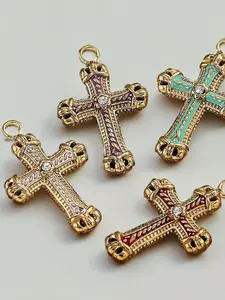 3-Piece Stainless Steel Cross Pendant Set, Crystal Embellished Rhinestone Craftsmanship, Handmade DIY Necklace Bracelet Charm Accessories, Rhinestone Pendant Jewelry