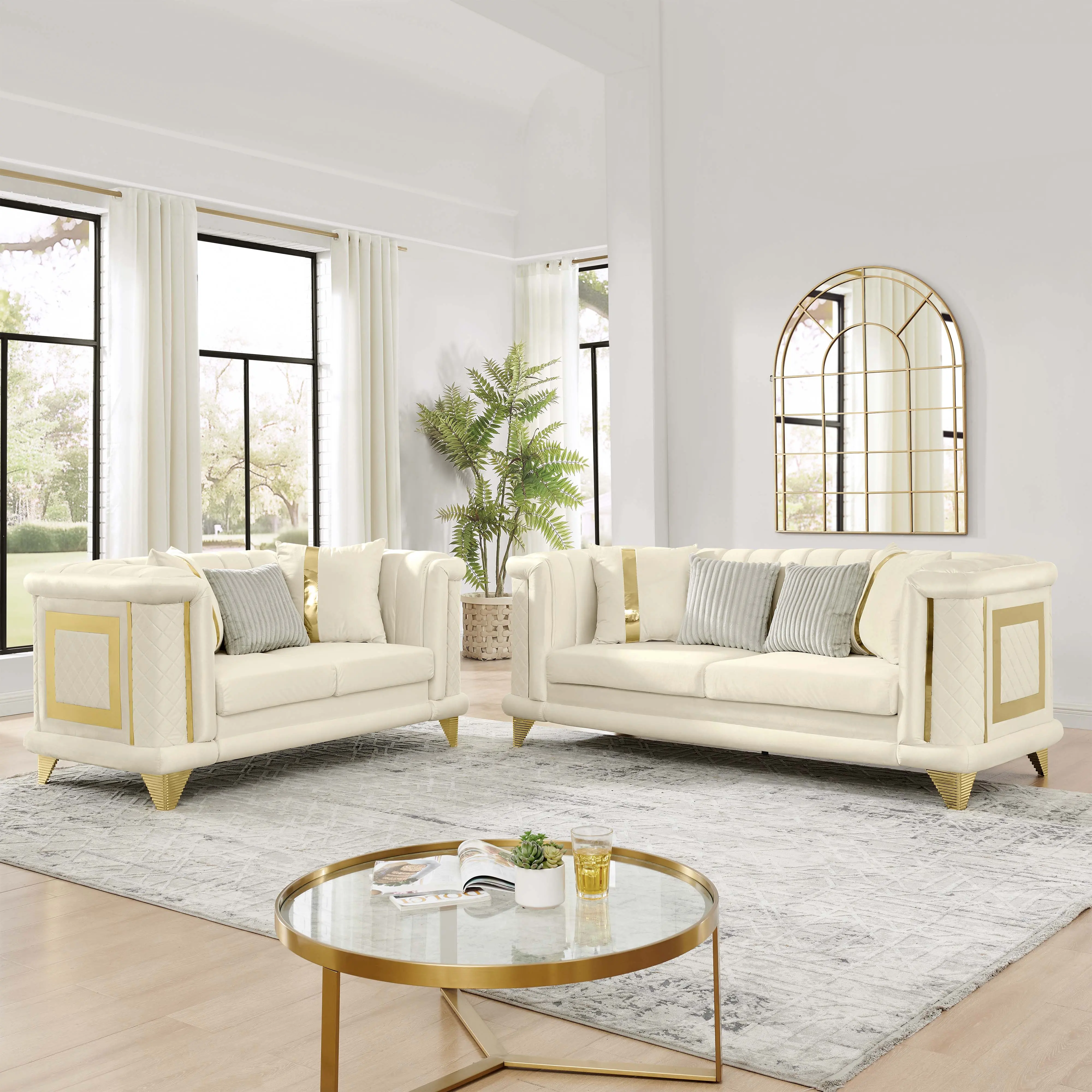 Italian Velvet Chesterfield 2-Piece Luxury Sofa Set - 89" 3-Seater, 69" Loveseat, Tufted Cushions, Gold Stainless Trims, Embroidery Texture
