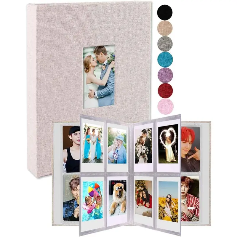 Beige Solid Color Rectangular Linen Front Window Mini Photo Album - 208 Vertical 2x3 Photo Slots, Organizer Storage, Home Decor, Below-Display Compatible, Fits Korean Pop Photocards, Fujifilm Instax Mini 7s/8/9/11, Polaroid Snap/PIC 300, Zip Printer