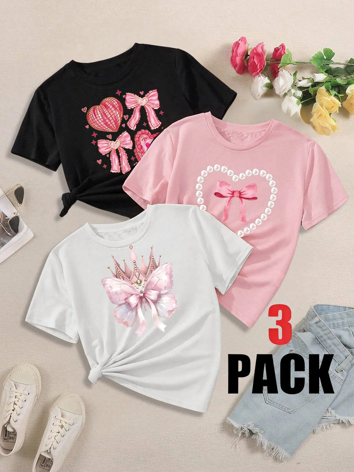 Elegant Pearl Bow Print 3-Pack Girls' Short Sleeve Round Neck T-Shirts, Graphic Printed Tee, Comfortable Elastic Fabric, Perfect for Gifts and Summer Activities, Graphic Tee Top