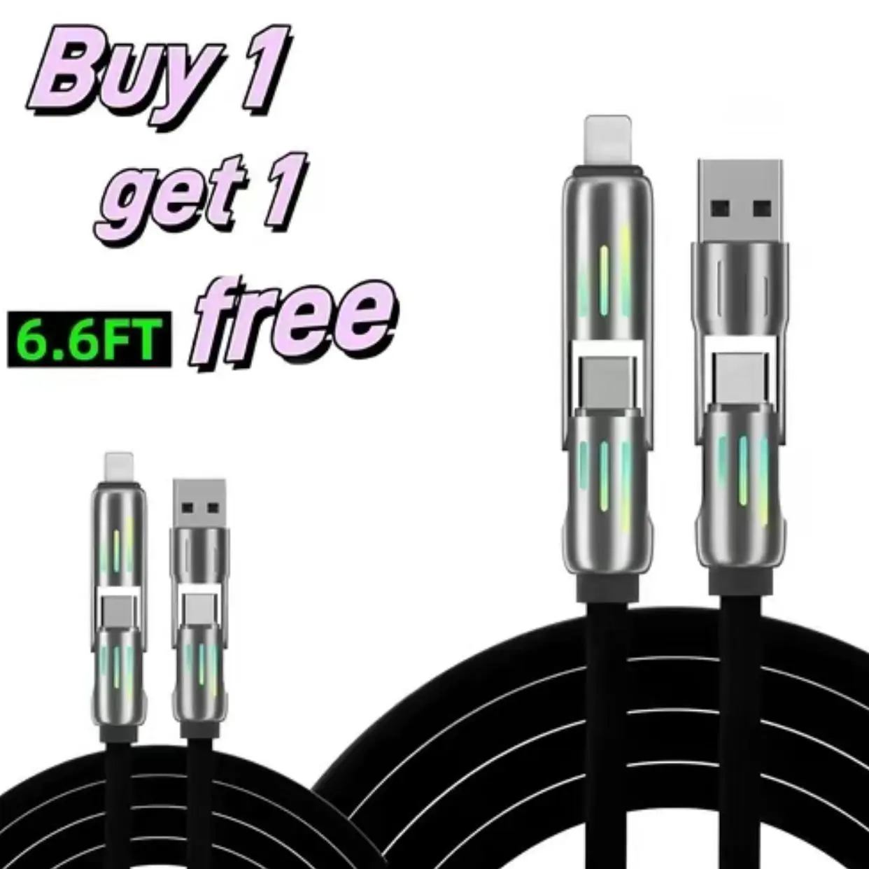 6.6FT Aluminum 4-in-1 USB-C Cable - Fast Charging, High-Speed Data Sync, USB-A/Type-C/Lightning Compatible, Versatile Connectivity - Car Electronics Accessory, Buy 1 Get 1 Free Super Fast Charging Cellphone
