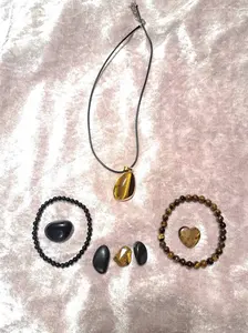 Confidence & Protection 8-Piece Crystal Jewelry and Gemstone Set Tiger's Eye Shungite and Obsidian