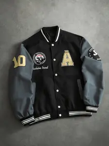 Men's Long Sleeve Letter Pattern Colorblock Casual Fitted Jacket, Coats, Perfect Gift for Boyfriend, Spring & Fall Baseball Jacket, Back-To-School Season