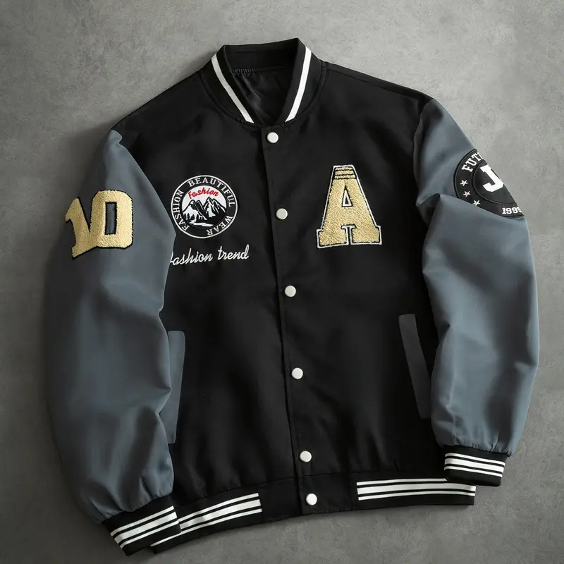 Men's Long Sleeve Letter Pattern Colorblock Casual Fitted Jacket, Coats, Casual Fashion Outerwear, Perfect Gift for Boyfriend, Spring & Fall Baseball Jacket, Back-To-School Season, Menswear