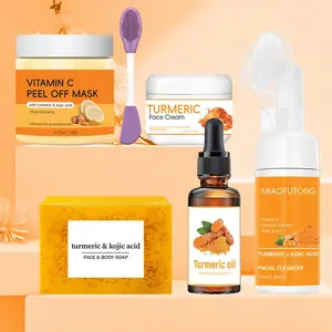 6 Piece Turmeric Skincare Set with Massage Cleansing Brush – Includes Turmeric Clay Mask, Turmeric Mousse Cleanser, Turmeric Soap, Turmeric Face Cream, and Turmeric Oil. A complete cleansing and skincare kit