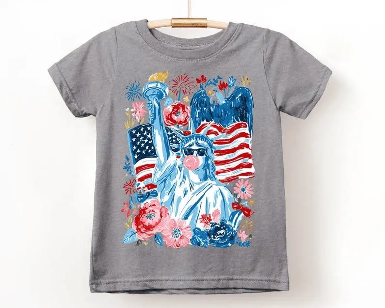 LAT Apparel Brushstroke Patriotic Statue of Liberty Shirt, Girls 4th of July Tee