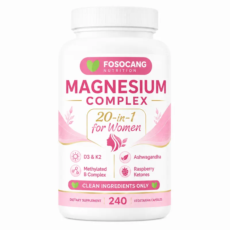 FoSoCang Magnesium Complex for Women, 240 Vegetarian Capsules | 20-in-1 Formula - Magnesium Blend with Vitamin D3, K2, Ashwagandha & More | Filler Free, Non-GMO /  Healthcare,Dietary,Supplement,Edible,Bathroom,Optimum,Fitness