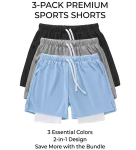 JSJH Menswear 3-Piece Double-Layered 2-in-1 Sports Shorts with Built-In Lining, Drawstring, Pockets & Quick-Drying Fabric, Suitable for Gym Training, Jogging & Casual Use