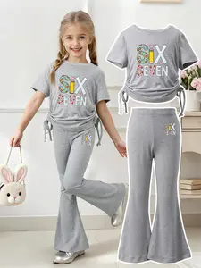 Summer Girls' Set, Six Seven Colorful Letter Print, Cute Cartoon Design, Drawstring Short Sleeve Flare Pants Two-Piece, Casual Fashion Set