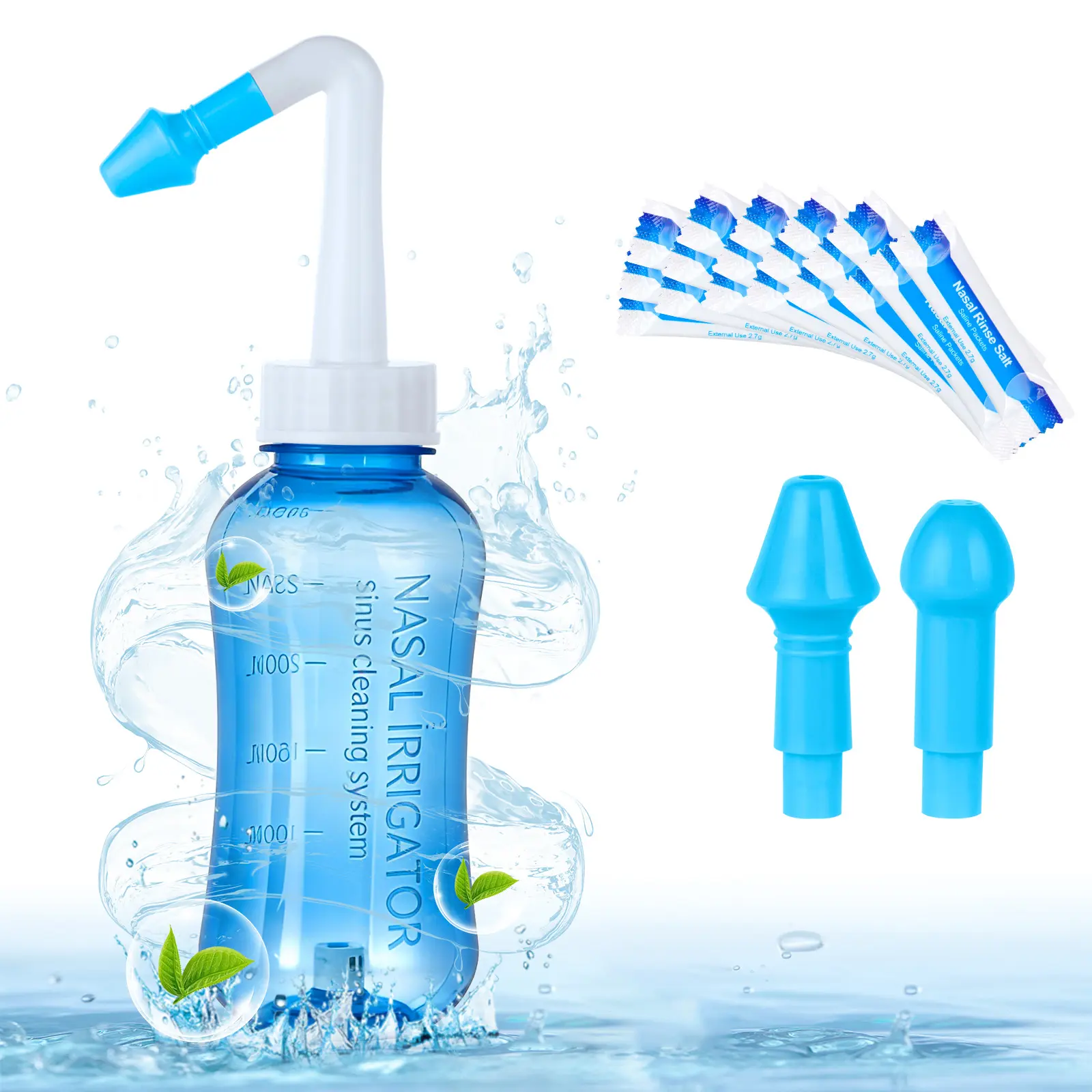 Anylock Neti Pot Sinus Rinse Bottle Kit - BPA-Free 300ML Nasal Wash Cleaner with Controlled-Flow Pressure Rinse, 30 Nasal Wash Salt Packets for Adult Sinus & Self Care (Blue)