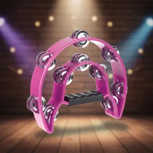 Half Moon Tambourine Double Row Metal Jingles Handheld Percussion Instrument with Ergonomic Grip for Party and KTV (Pink)