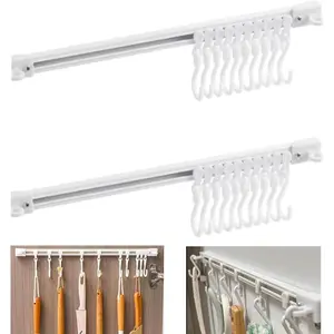 2Pcs Multifunctional Slide Rail Hook Adhesive Wall Hooks Rack Kitchen Rail Space Saving Utensil Rack with 10 Hooks No Drilling Hanger for Bathroom Kitchen Bedroom Office 40cm/15.7in