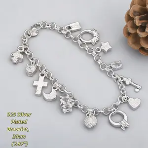 925 Silver Plated Charm Bracelet, 20cm (7.87") | Multi-Charm Cross Moon Star Heart Design, Hypoallergenic, Anti-Tarnish, Stackable Silver Jewelry for Women