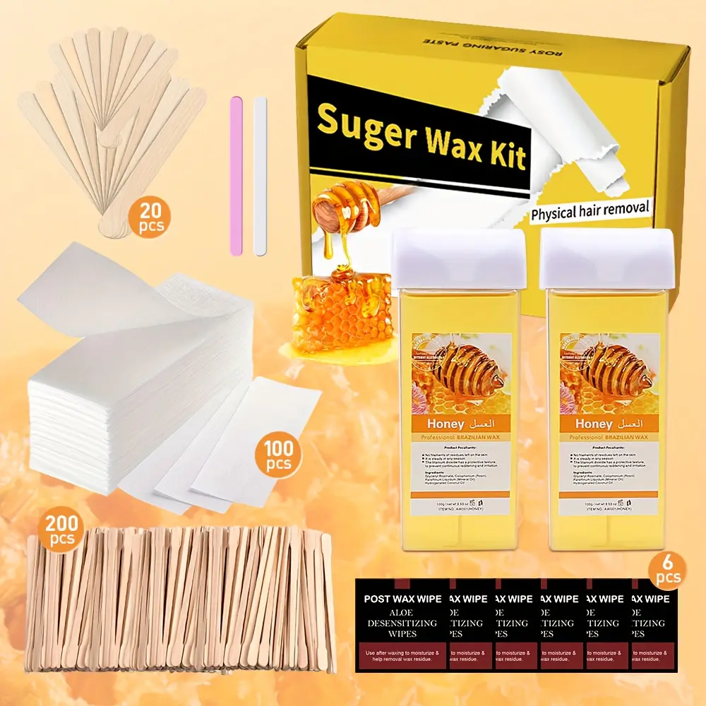 This brand-new honey roll hair removal kit is suitable for facial waxing, leg, underarm, and other hair removal needs, featuring a professional formula design that is gentle and non-irritating, capable of effectively removing fine and soft hair.
