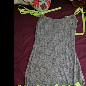 Green Gray See Through Dress with Floral Pattern and Neon Green Straps