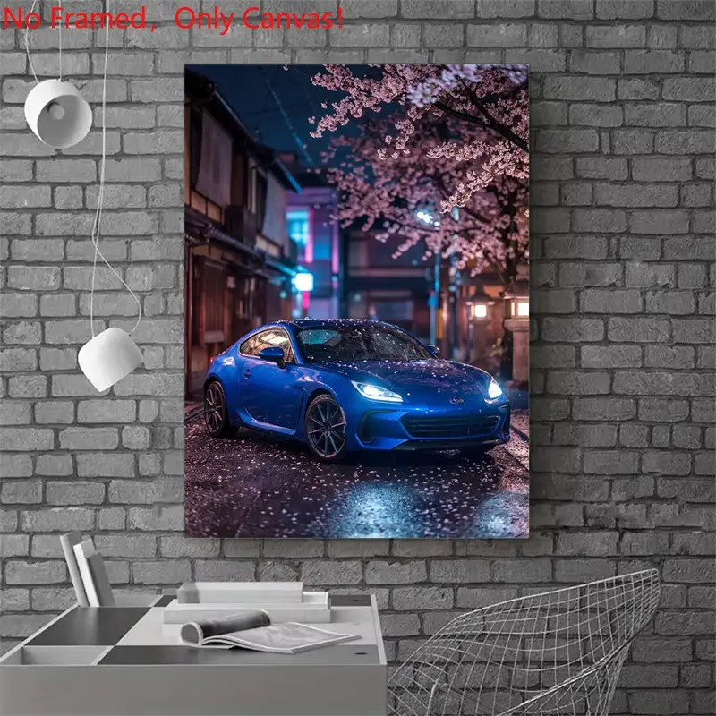 1 Piece/Set frameless canvas painting print poster,Luxury sports car art，Subaru BRZ Night Cherry Blossoms，a perfect gift for cars loves, ideal gift for bedroom, living room, dorm hallway, kitchen, mural, wall decoration, room decor